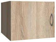 Holzfarbener Schrankaufsatz mit Tür und silbernem Griff, perspektivisch von vorne rechts gesehen.