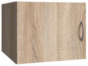 Holzfarbener Schrankaufsatz mit Tür und silbernem Griff, perspektivisch von vorne rechts gesehen.