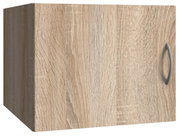 Holzfarbener Schrankaufsatz mit Tür und silbernem Griff, perspektivisch von vorne rechts gesehen.