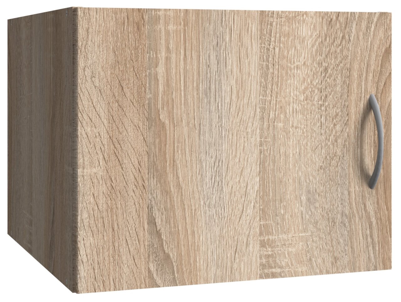 Holzfarbener Schrankaufsatz mit Tür und silbernem Griff, perspektivisch von vorne rechts gesehen.