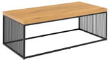 Moderner Couchtisch mit Holzplatte und schwarzem Metallgestell, seitliche Perspektive