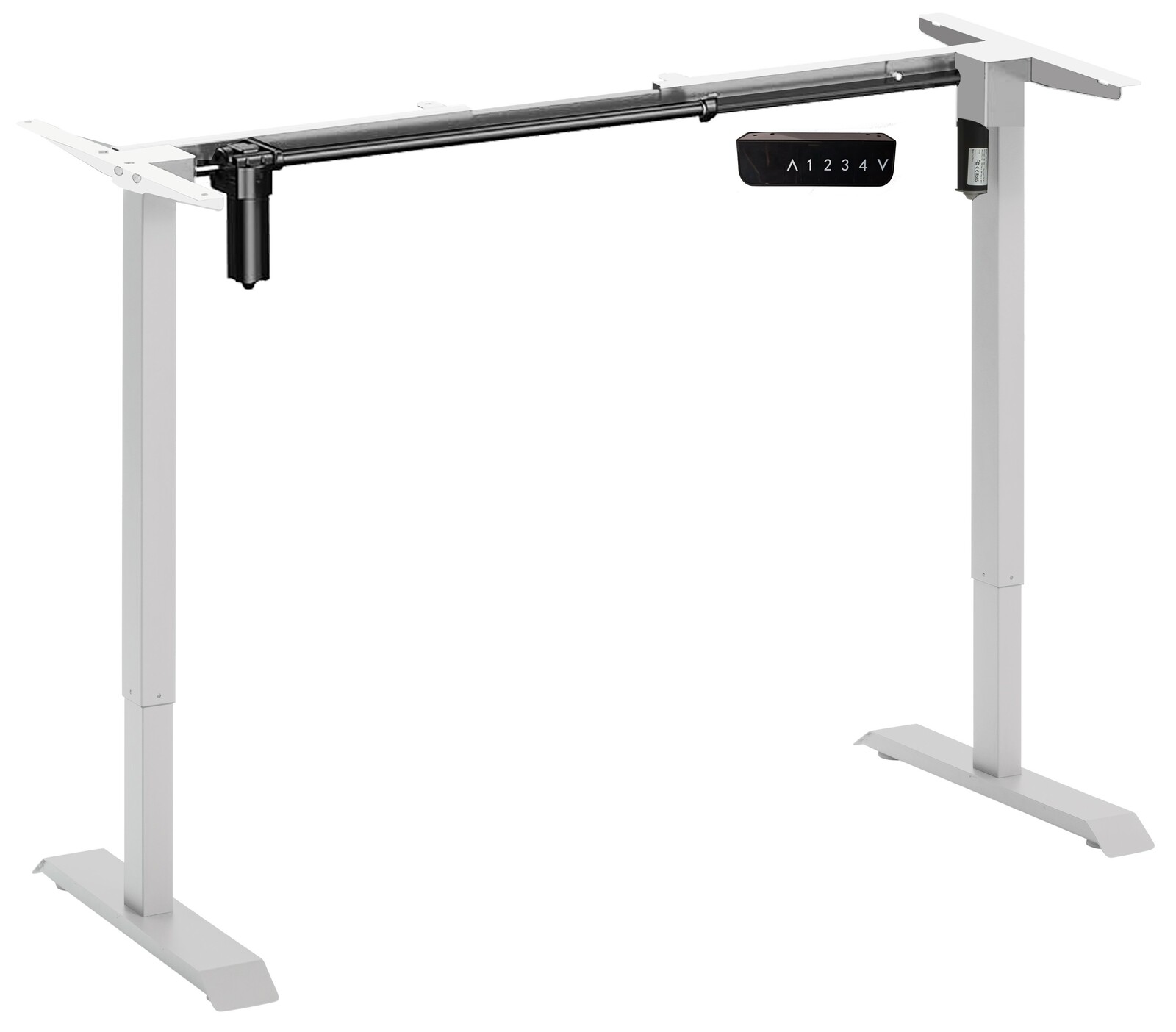 E-Serie Elektrisches Fußgestell E-START Elektrisches Fußgestell in seitlicher Perspektive mit höhenverstellbarem Rahmen und Steuerungseinheit.