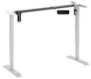 Elektrisches Fußgestell in seitlicher Perspektive mit höhenverstellbarem Rahmen und Steuerungseinheit.