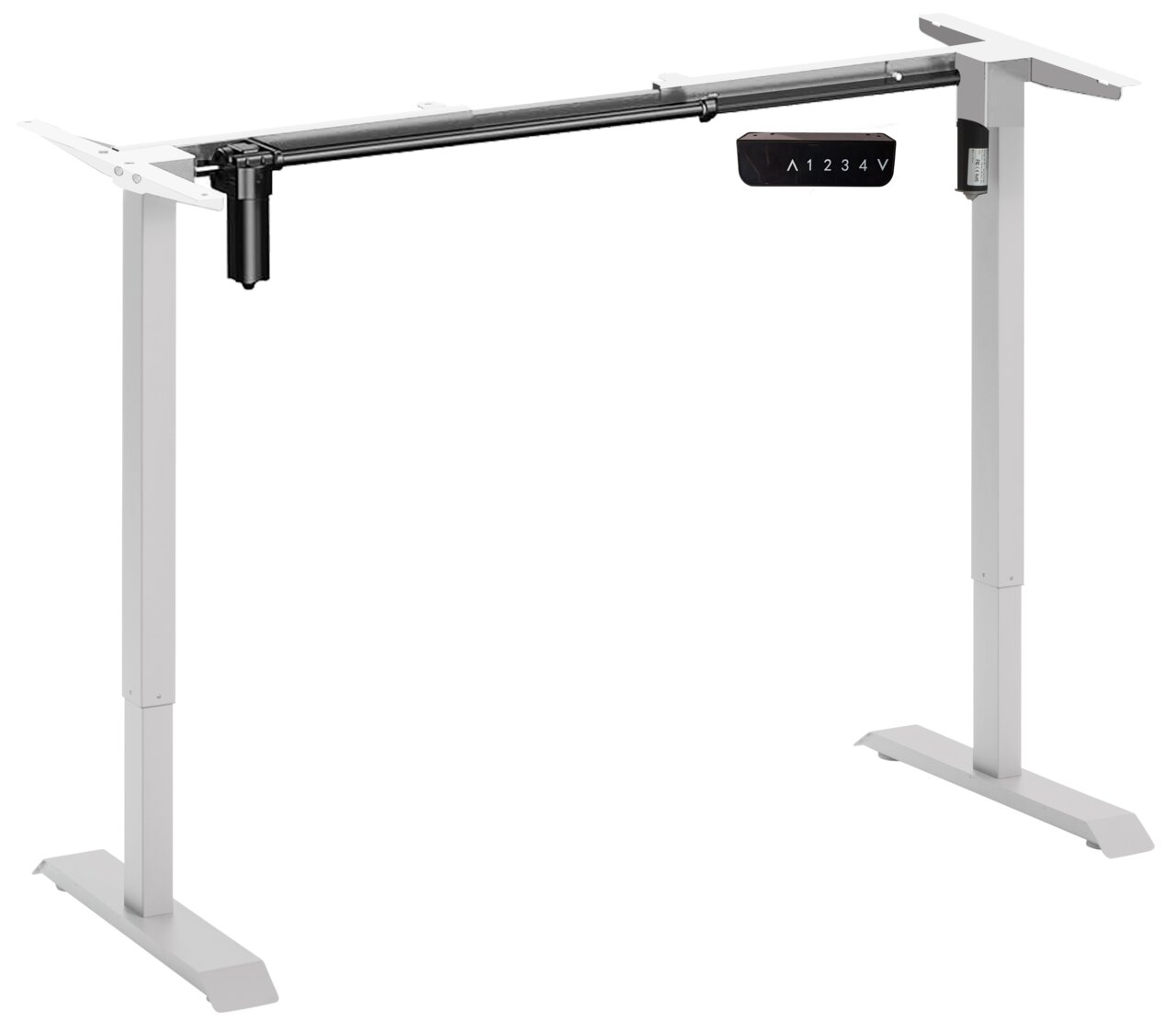 E-Serie Elektrisches Fußgestell E-START Elektrisches Fußgestell in seitlicher Perspektive mit höhenverstellbarem Rahmen und Steuerungseinheit.