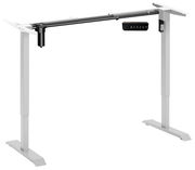 Elektrisches Fußgestell in seitlicher Perspektive mit höhenverstellbarem Rahmen und Steuerungseinheit.