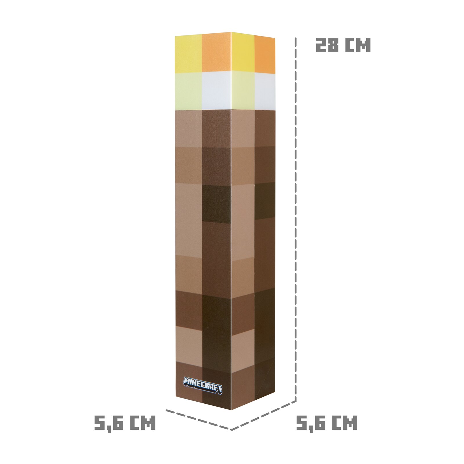 Minecraft Fackel-Lampe im pixeligen Blockdesign, freistehend vor weißem Hintergrund in schräger 3/4-Ansicht von vorne, ca. 28 cm hoch und 5,6 x 5,6 cm Grundfläche.