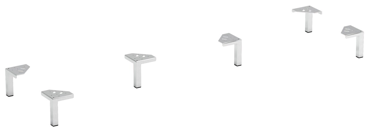 XORA Fuss-Set 6-tlg. Sechsteiliges silbernes Fuß-Set in diagonaler Anordnung, perspektivisch von oben betrachtet.