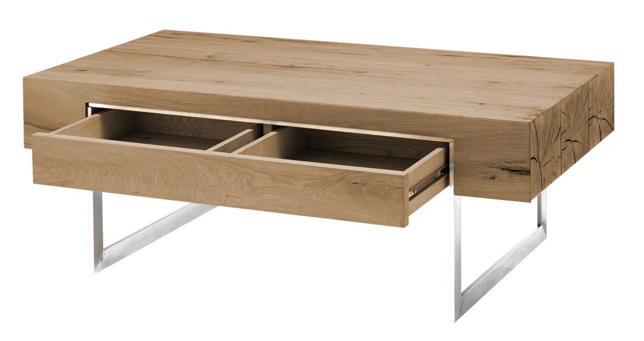 Moderner Couchtisch aus Holz mit zwei offenen Schubladen und Metallbeinen, seitliche Perspektive