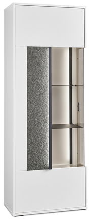 Weißes Highboard mit Glaseinsatz und Steinoptik, seitliche Perspektive
