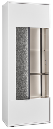 Weißes Highboard mit Glaseinsatz und Steinoptik, seitliche Perspektive
