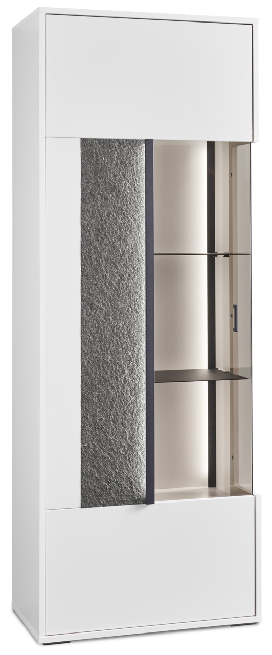 Weißes Highboard mit Glaseinsatz und Steinoptik, seitliche Perspektive