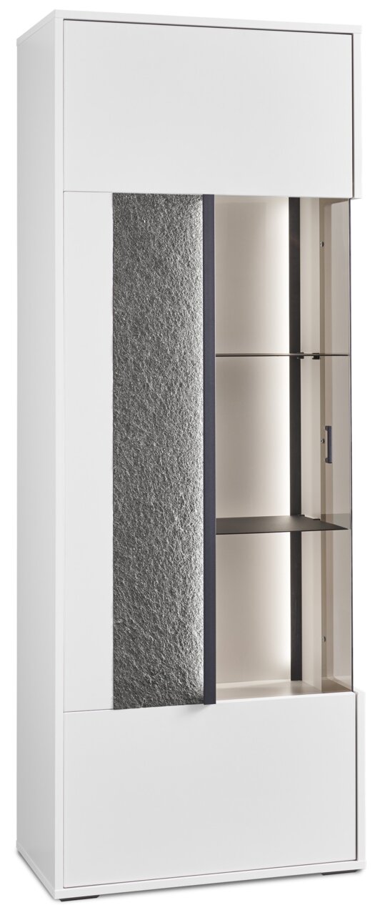 Set one by Musterring Highboard/Vitrine links DELTONA Weißes Highboard mit Glaseinsatz und Steinoptik, seitliche Perspektive