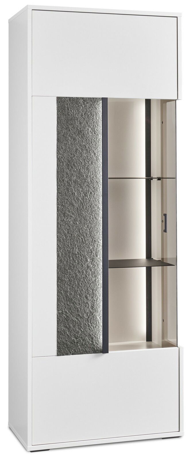 Weißes Highboard mit Glaseinsatz und Steinoptik, seitliche Perspektive