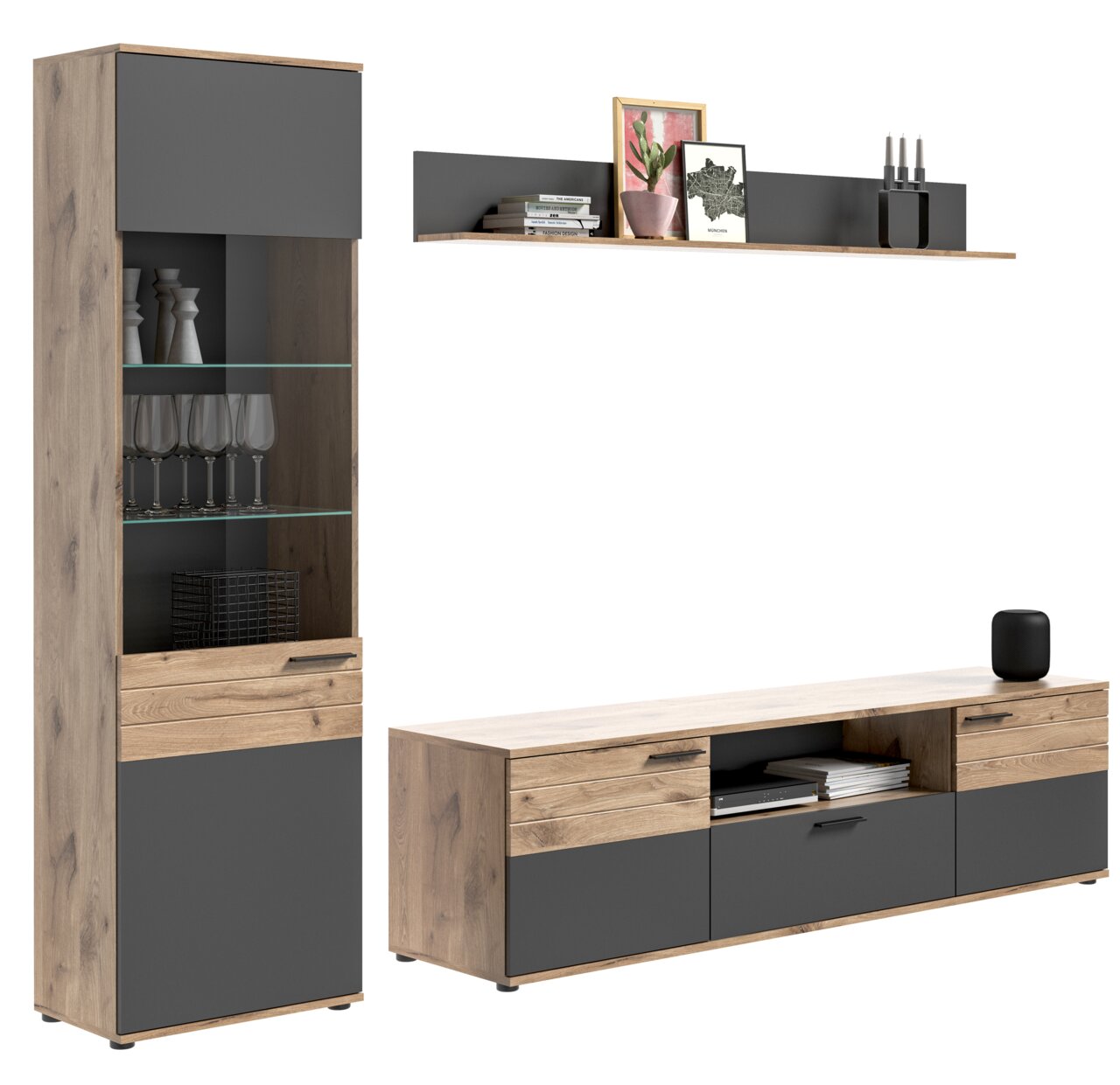 Wohnkombination mit Holz- und Grautönen, bestehend aus einem hohen Schrank mit Glastüren und einem niedrigen TV-Board, seitliche Perspektive.
