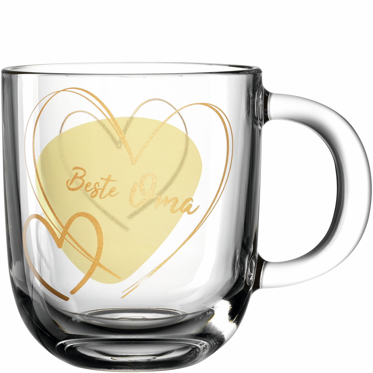 Leonardo Geschenketasse Beste Oma EMOZIONE Glas-Tasse mit der Aufschrift 'Beste Oma' in einem gelben Herz, seitliche Perspektive