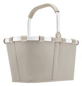 Seitenansicht eines sandfarbenen Carrybags mit Fischgrätenmuster und stabilem Griff.