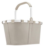 Seitenansicht eines sandfarbenen Carrybags mit Fischgrätenmuster und stabilem Griff.