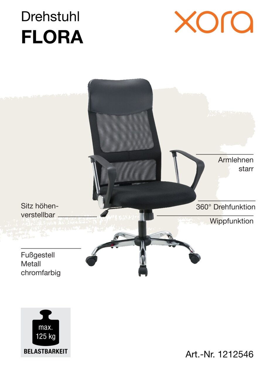 Bürostuhl FLORA mit schwarzem Netzrücken, starren Armlehnen und verchromtem Metallfuß, seitliche Perspektive