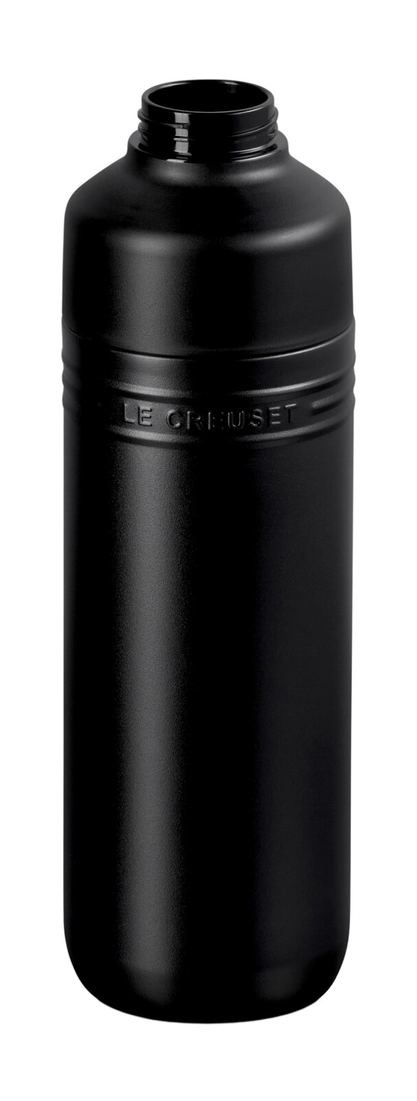 Schwarze, matte Trinkflasche mit geöffneter Oberseite, seitliche Perspektive