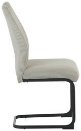 Moderner Schwingstuhl mit cremefarbenem Stoffbezug und schwarzem Metallgestell, Seitenansicht