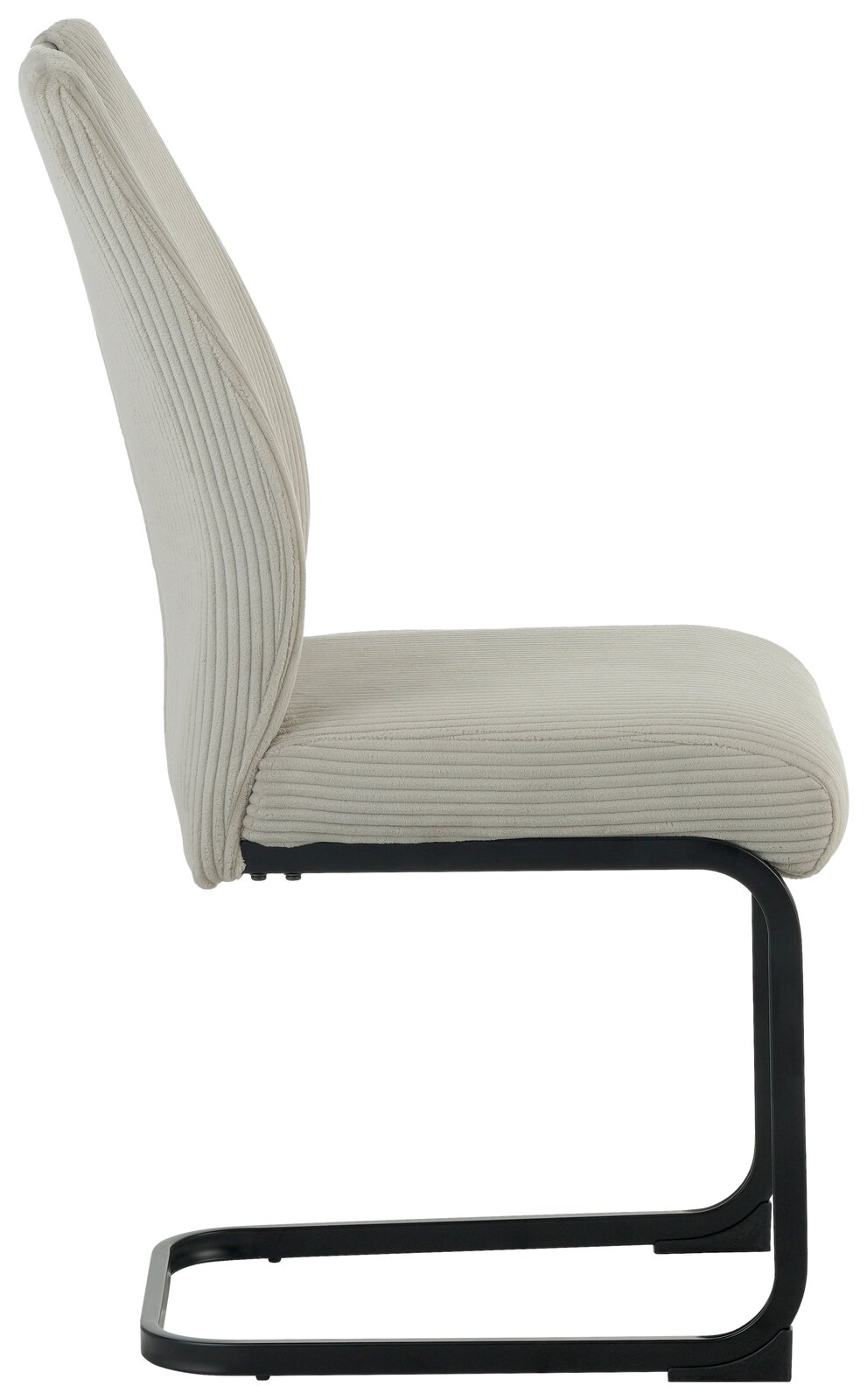 Moderner Schwingstuhl mit cremefarbenem Stoffbezug und schwarzem Metallgestell, Seitenansicht