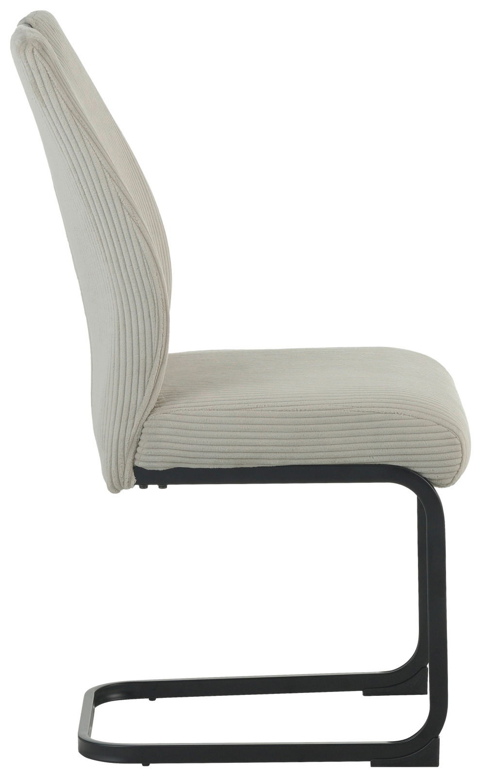 Moderner Schwingstuhl mit cremefarbenem Stoffbezug und schwarzem Metallgestell, Seitenansicht