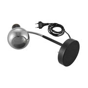 Moderne Tischleuchte in seitlicher Perspektive mit rundem, verchromtem Lampenschirm und flexiblem Hals, inklusive Netzkabel.