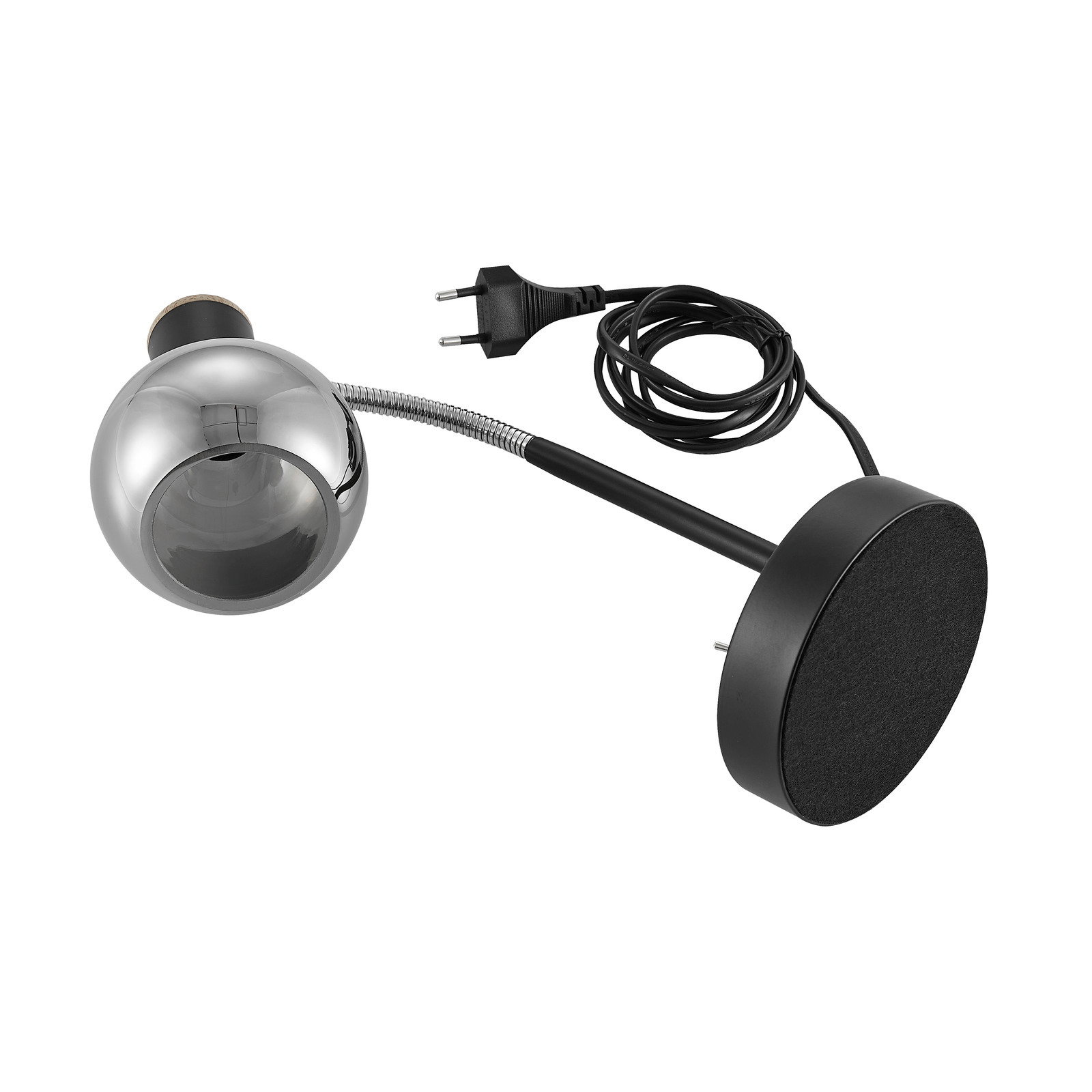 Moderne tafellamp in zijaanzicht met een ronde, verchroomde lampenkap en een flexibele arm, inclusief netsnoer.