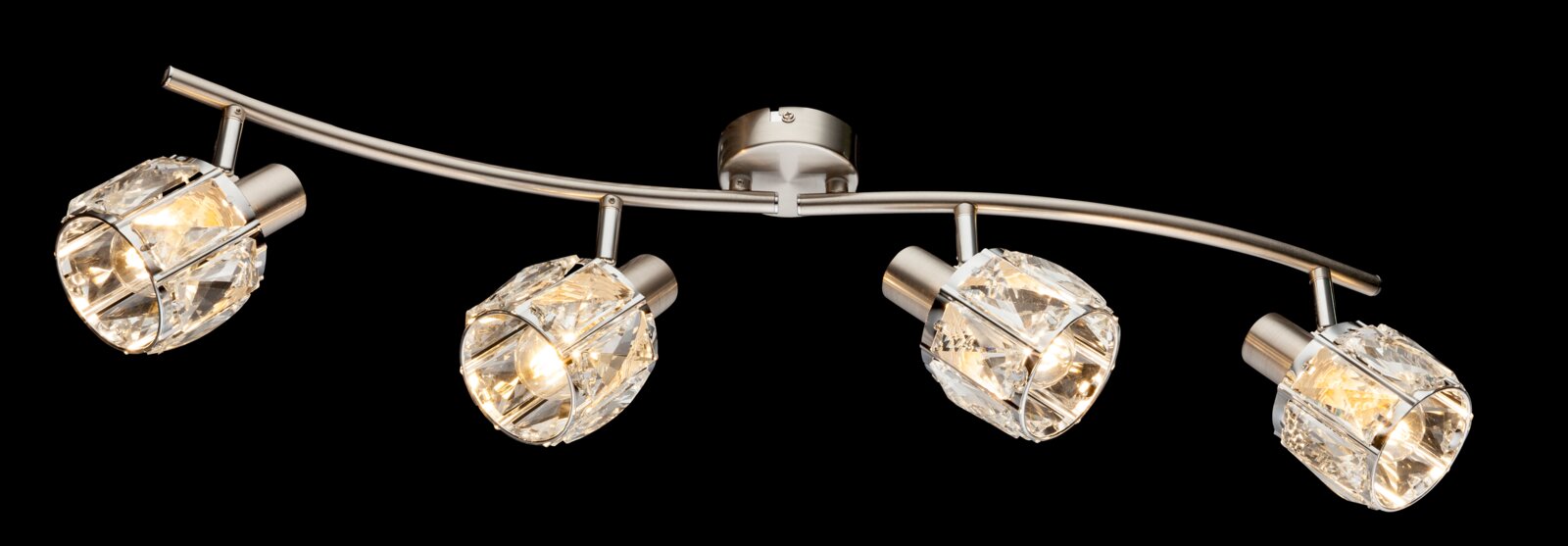 Moderner Strahler mit vier verstellbaren Leuchten und kristallklaren Lampenschirmen, seitliche Perspektive.