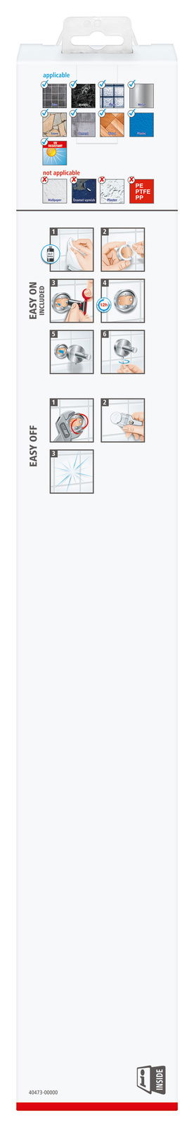 Verpackung der tesa Exxcellent Handtuchstange mit Anwendungsbeispielen und Montageanleitung, Vorderansicht