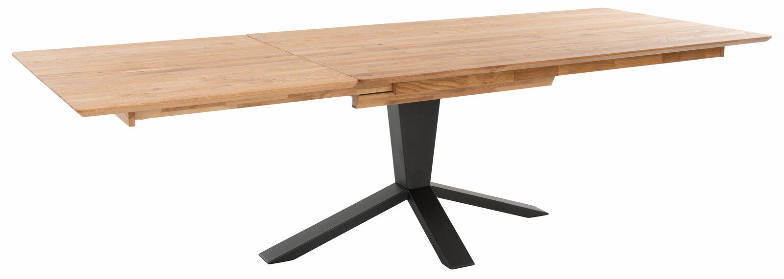 Moderner Esstisch aus Holz mit schwarzem Metallfuß, seitliche Perspektive