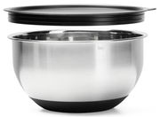Rührschüssel aus Edelstahl mit schwarzem Deckel, seitliche Perspektive