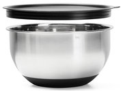 Rührschüssel aus Edelstahl mit schwarzem Deckel, seitliche Perspektive