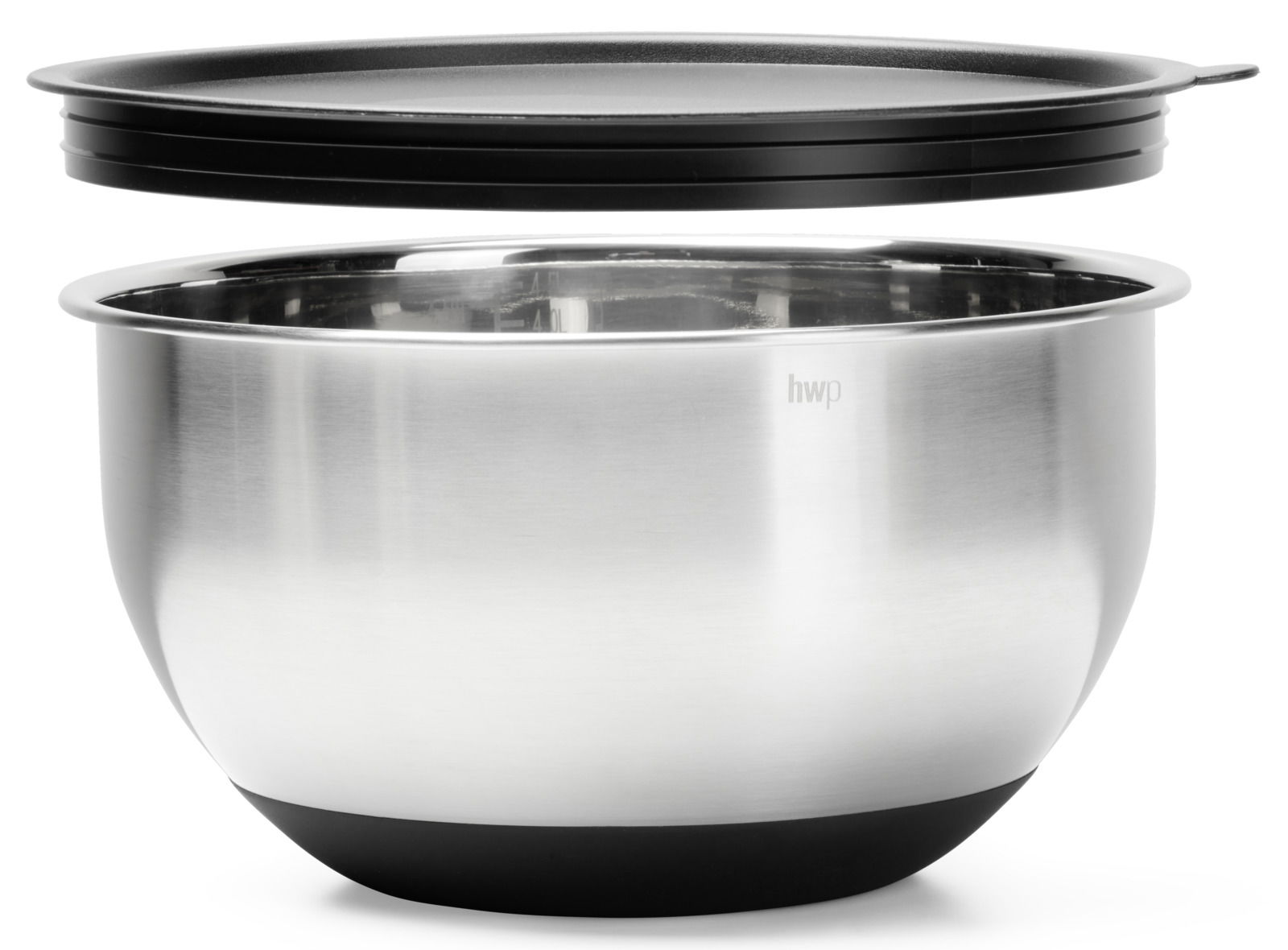 Rührschüssel aus Edelstahl mit schwarzem Deckel, seitliche Perspektive
