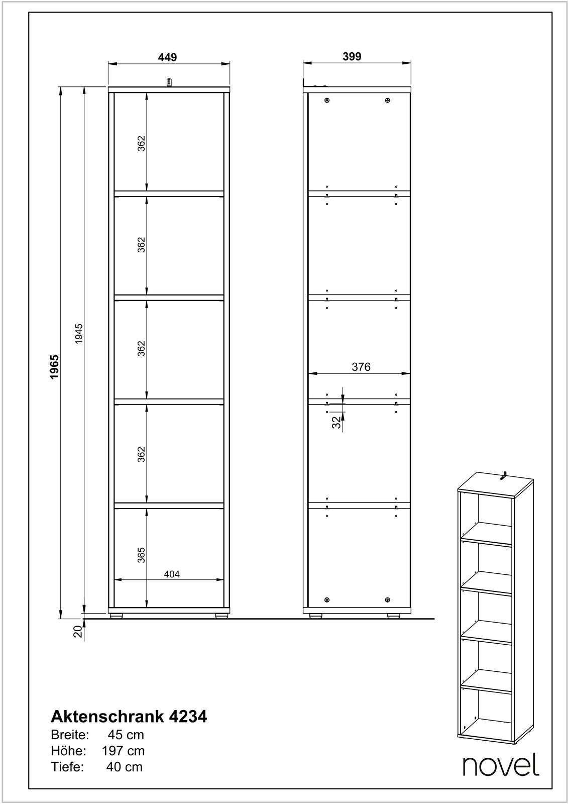 Schmales Aktenregal mit fünf offenen Fächern, Vorder- und Seitenansicht, perspektivische Darstellung von vorne rechts