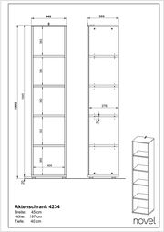 Schmales Aktenregal mit fünf offenen Fächern, Vorder- und Seitenansicht, perspektivische Darstellung von vorne rechts