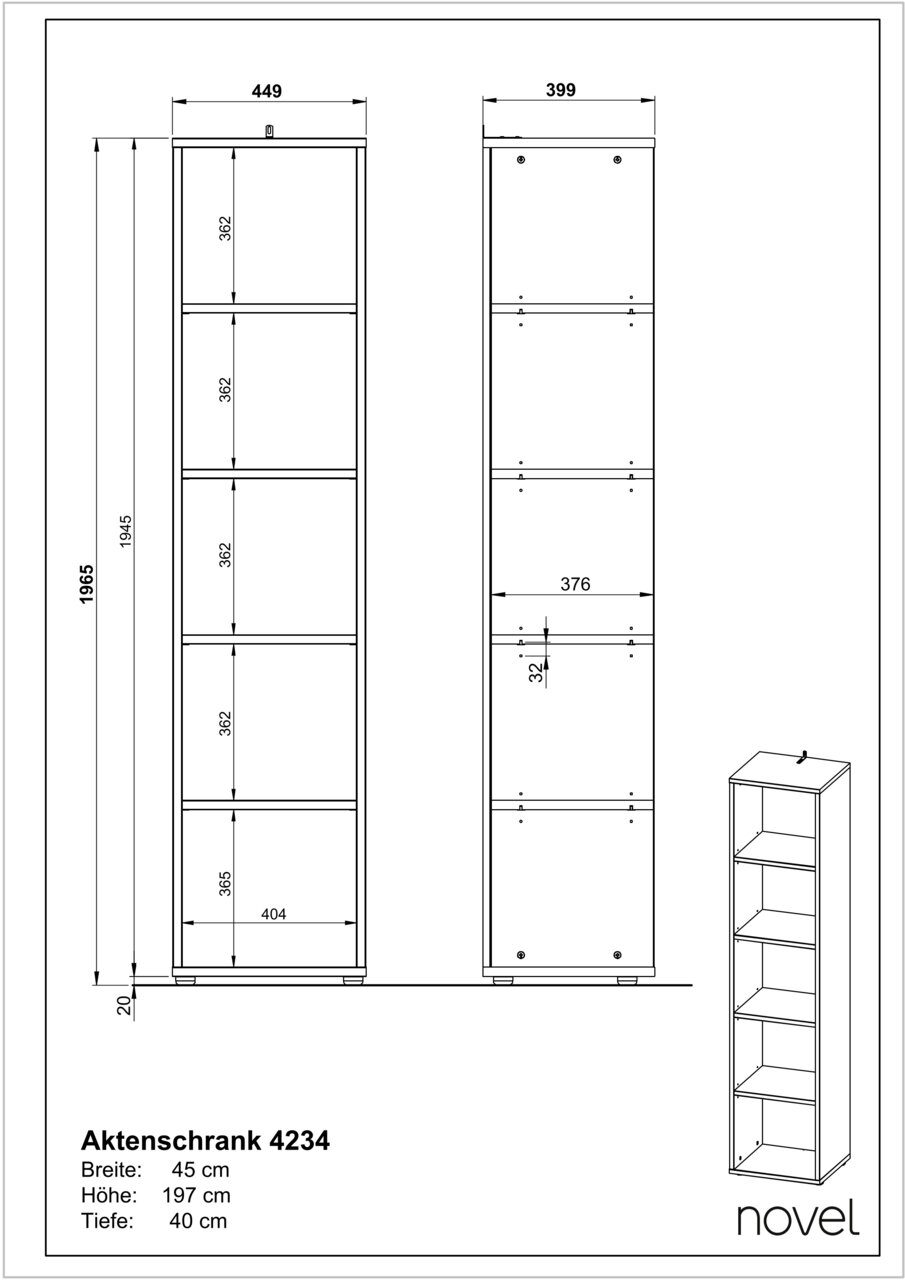 Schmales Aktenregal mit fünf offenen Fächern, Vorder- und Seitenansicht, perspektivische Darstellung von vorne rechts