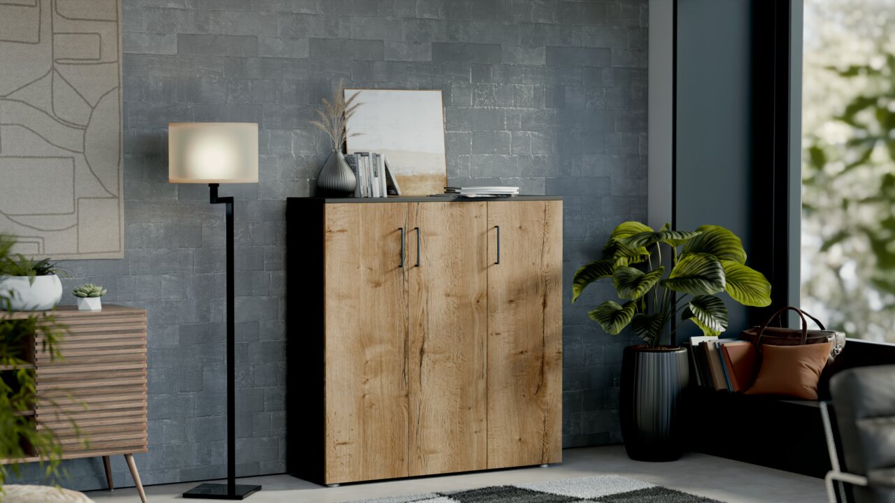 Moderano Schuhschrank breit SHOES Moderner Schuhschrank aus Holz mit zwei Türen, frontal fotografiert, in einem stilvoll eingerichteten Raum mit Pflanzen und Dekoration.