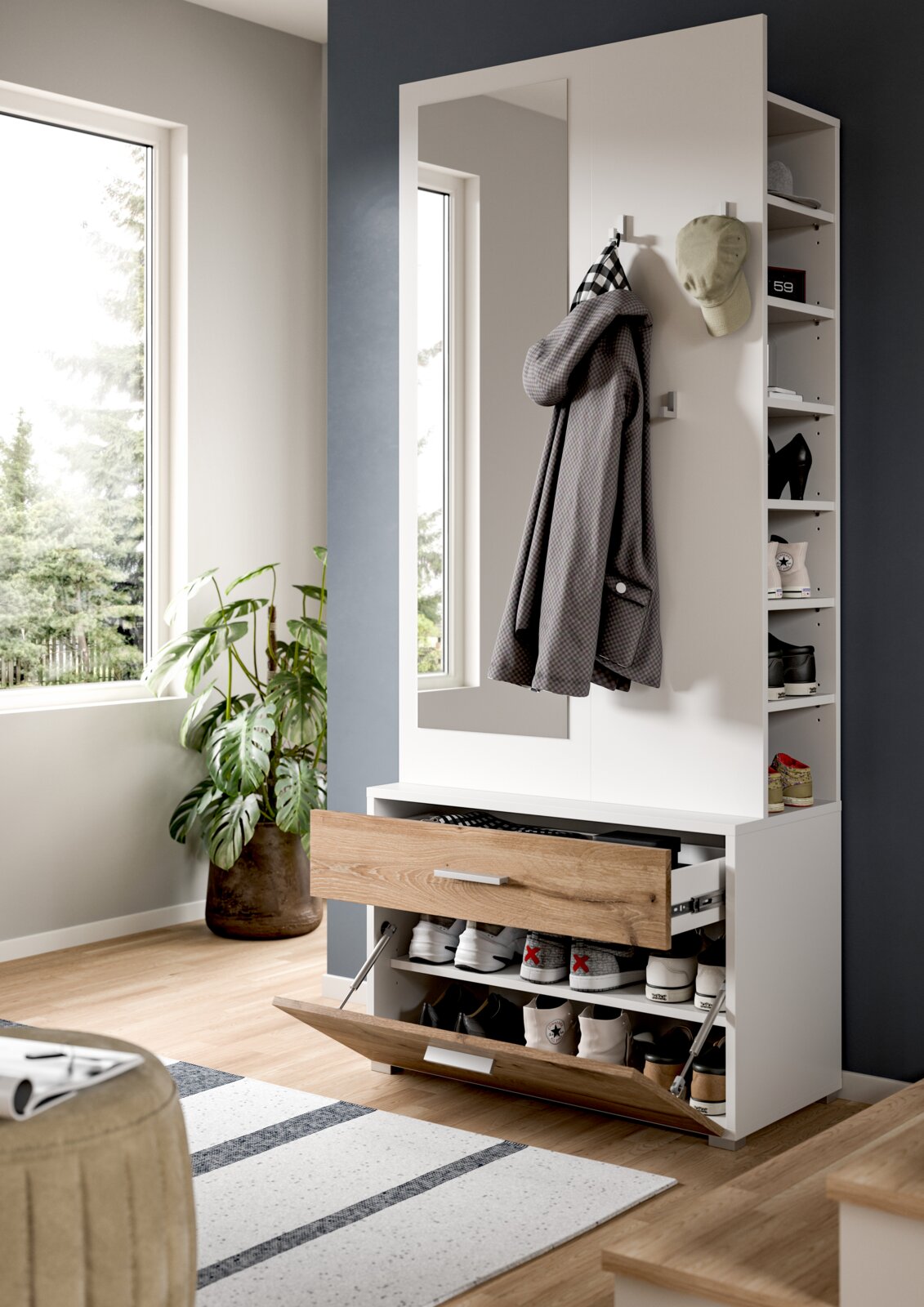 Garderobenkombination mit Spiegel, Haken für Kleidung, offenen Regalen und Schubladen für Schuhe, seitliche Perspektive
