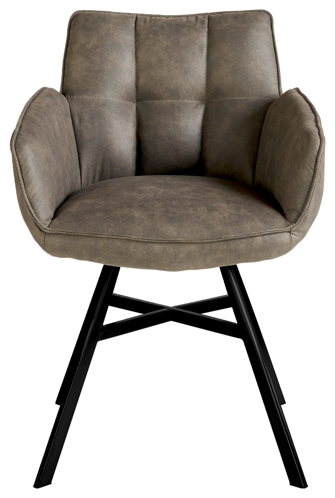 Vooraanzicht van een moderne fauteuil met een gestoffeerde zitting en rugleuning van grijze stof, op zwarte metalen poten.