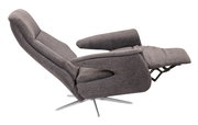 Grauer Relaxsessel in seitlicher Perspektive mit ausgeklapptem Fußteil und drehbarem Metallfuß.