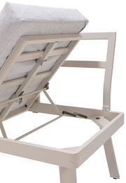 Rückansicht eines Lounge-Stuhls mit beigem Metallrahmen und grauem Kissen