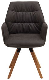 Frontansicht eines modernen Sessels der Serie TORTILLA mit dunklem Polster und Holzbeinen.