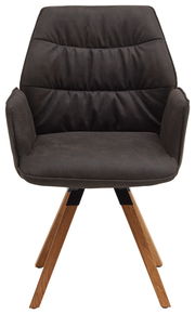 Frontansicht eines modernen Sessels der Serie TORTILLA mit dunklem Polster und Holzbeinen.