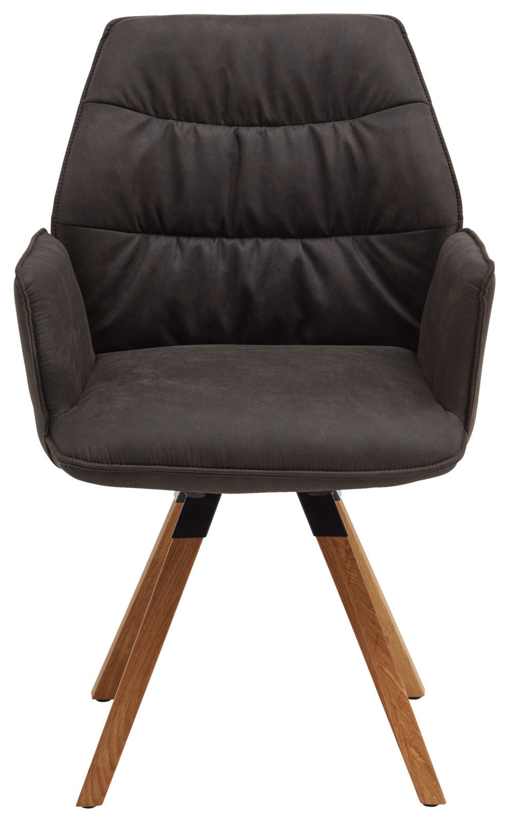 Frontansicht eines modernen Sessels der Serie TORTILLA mit dunklem Polster und Holzbeinen.