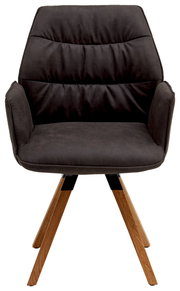 Frontansicht eines modernen Sessels der Serie TORTILLA mit dunklem Polster und Holzbeinen.