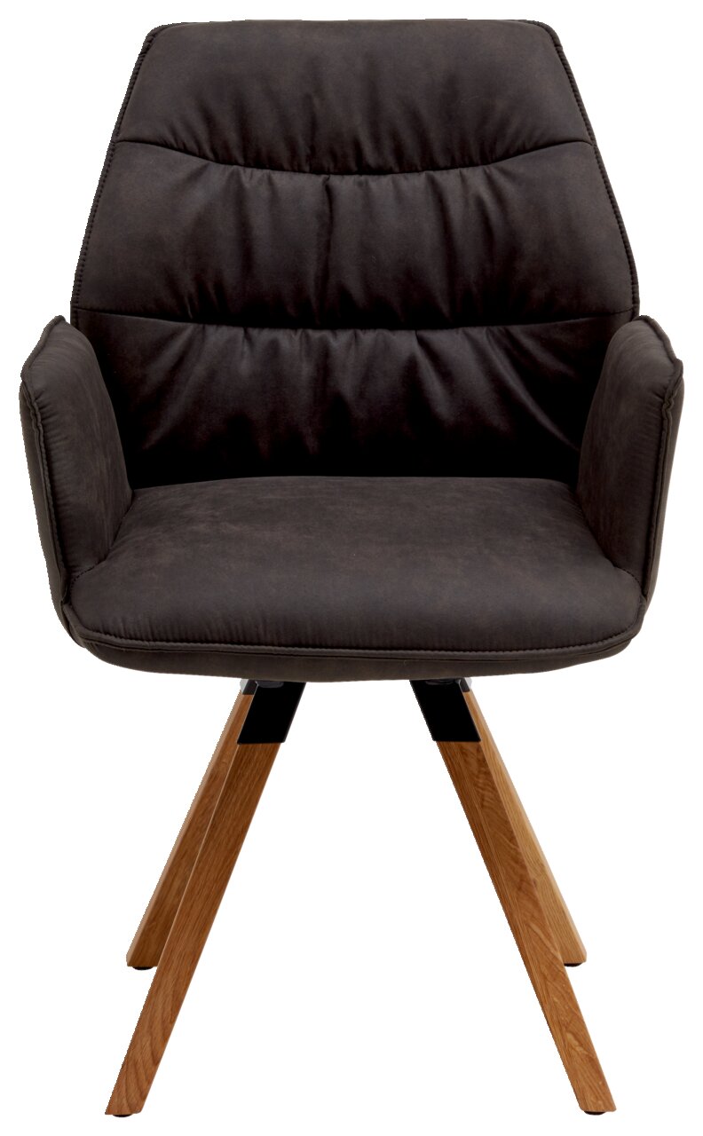 Frontansicht eines modernen Sessels der Serie TORTILLA mit dunklem Polster und Holzbeinen.