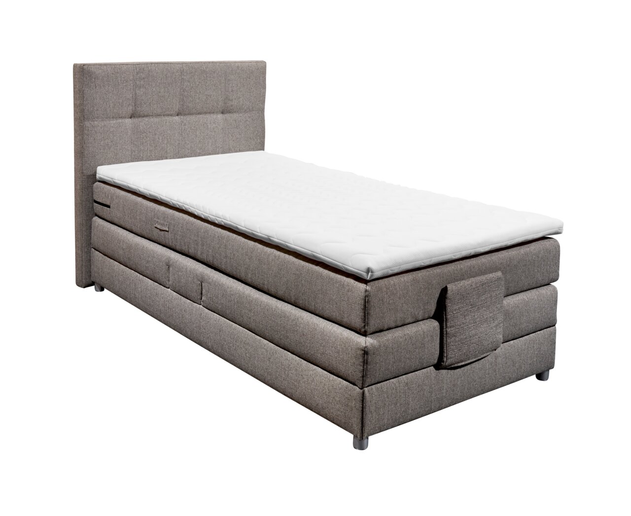 Esposa Boxspringbett MANOLO Boxspringbett in seitlicher Perspektive mit grauem Stoffbezug und weißem Topper