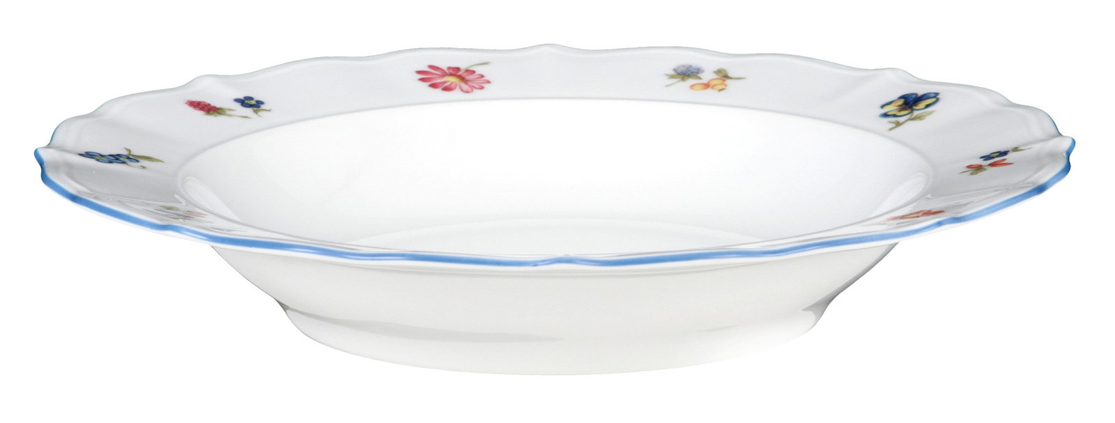 Suppenteller Sonate 23cm mit floralem Muster und blauer Umrandung, seitliche Perspektive