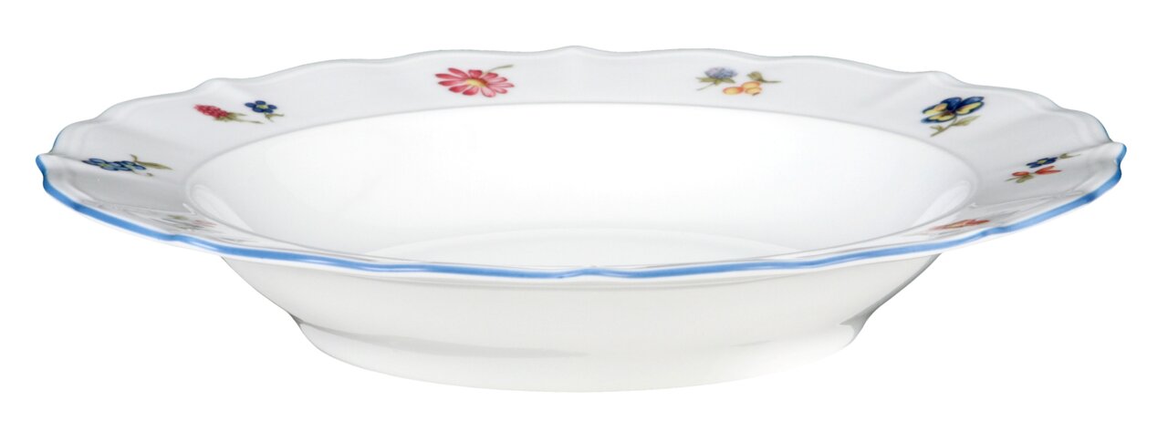 Suppenteller Sonate 23cm mit floralem Muster und blauer Umrandung, seitliche Perspektive